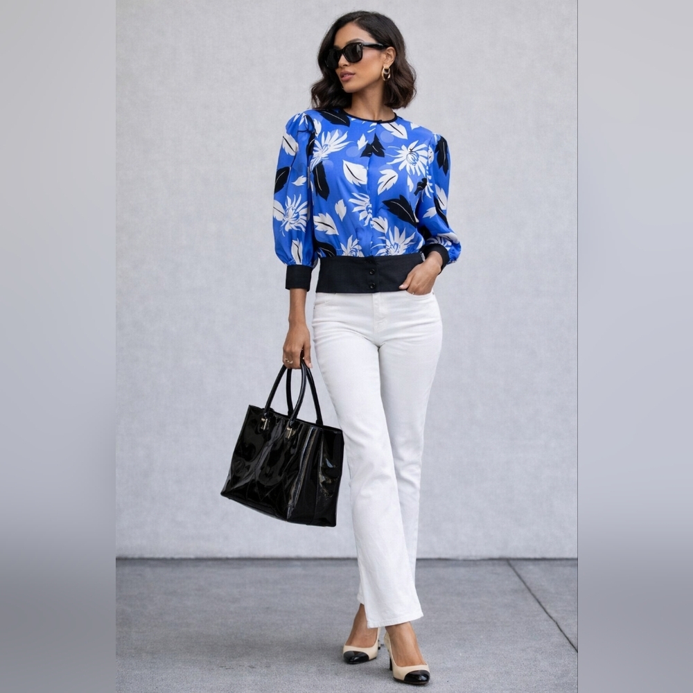 Blue Silk Floral Blouse Puff Sleeve Chic S